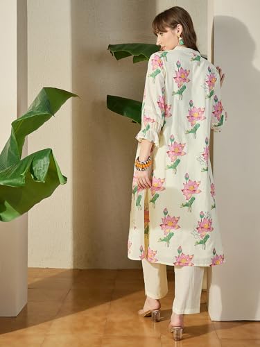 Image of INDO ERA Women's Pure Cotton Floral Printed A-Line Calf Length Kurta & Pant Set (IESTR12117)