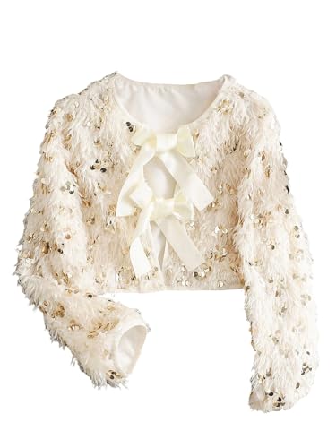 MakeMeChic Girl's Fuzzy Sequin Bow Knot Jacket Crew Neck Long Sleeve Y2K Party Coat Outerwear
