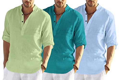 Image of Men's Cotton Blend Combo Short Kurta with Mandarin Collar Neck Full Sleeves Solid Pattern Curved Hemline Regular Fit and Standard Length (Pack of 3)