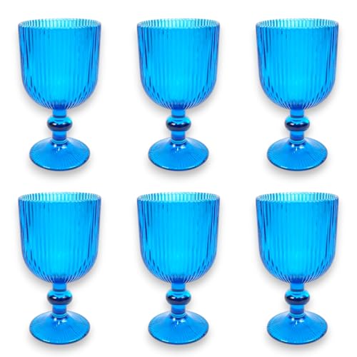 KORAT Set 6 Calici in Vetro Blu 260 ml – Bicchieri Eleganti da Tavola in Vetro Rigato Alta Qualità, Ideali per Acqua, Vino o Cocktail – Design Moderno e Resistente – Marca