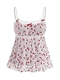 SHENHE Women's Plus Size Lace Trim Cherry Print Bow Mesh Cami Top Ruffled Peplum Top White 2XL