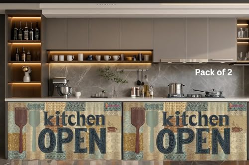 Image of Kitchen Premium Rod Pocket Cabinet Curtain, Heavy Quality Dust-Proof Under-Counter Storage Cover for Open Shelves, Pantry, Washbasin Area (2, Kitchen Open)