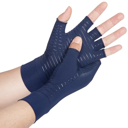 Image of Copper Arthritis Gloves for Women Men, Fingerless Breathable & Moisture Wicking Arthritis Compression Gloves for Relieving Carpal Tunnel Aches, Rheumatoid Pains, Joint Swell Navy M