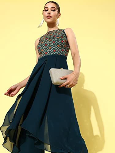 Image of Miss Chase Women's Multicolored-Base-Teal Round Neck Sleeveless Embroidered Regular Jumpsuit