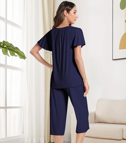 Image of NACHILA Women's Bamboo Viscose Pajamas Button V Neck Capri Pjs | Cooling pajamas, Breathable Fabric, Soft Touch, Sleep Comfort, Moisture-Wicking