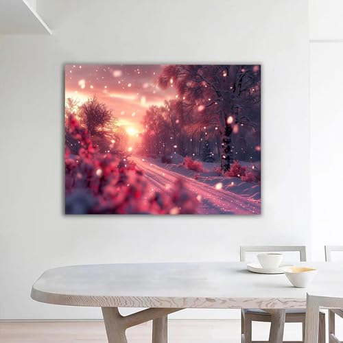 Tableau toile déco coucher de soleil d'hiver peinture paysage forêt rose or pour mur salon