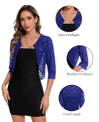 Image of MINTLIMIT Women's Elegant Floral Lace Shrug Bolero Summer Lightweight 3 /4 Sleeve Hook Open Front Cropped Cardigan for Dresses