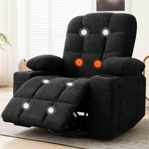 Image of Swivel Rocker Recliner Chair, Recliner Single Sofa with Massage,Manual Nursery Rocking Chair with Side Pockets & Cup Holder, Modern Recliner with Heating for Living Room, Apartment(Black)