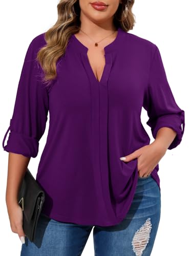 Beauhuty Womens Plus Size Tops Split V Neck Tunic Pleated Shirts Casual Trendy Flowy Dressy Blouses Roll up Sleeves