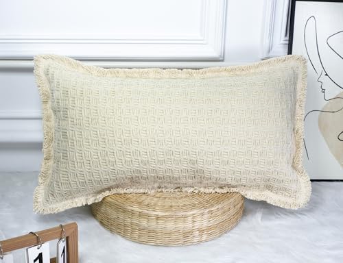 Panod 17-GEZICHETIAOWEN-MI-1220 Cotton Beige Boho Lumbar Throw Pillow Cover 12 X 20,Checked Textured Modern Farmhouse Decorative Couch Pillow Case Nuetral Cushion Covers thumb #2
