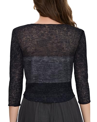 Image of Women Crop Cardigan Sheer Mesh Bolero Shrug for Dress Tie Front 3 /4 Sleeve Tops