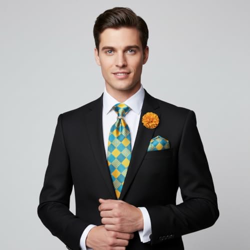 Image of 5PCS Mens Silk Tie, Pocket Square, Cufflinks, Drilled Tie Ring and Lapel Pin Set for Wedding Groom Party