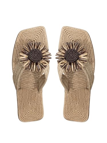 OYOANGLE Women's Boho Floral Decor Straw Flip Flop Sandals Square Open Toe Slide Sandal Slippers