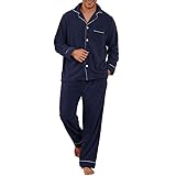 Vulcanodon Mens Fleece Pajama Set, Soft Warm Long Sleeve Sleepwear with Pockets Cozy Button-Down Pjs for Men(Navy,L)