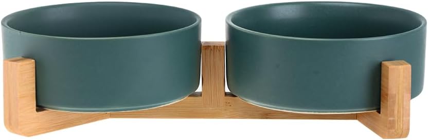 Green Ceramic Cat Dog Bowl Dish with Wood Stand No Spill Pet Food Water Feeder Cats Small Dogs Set of 2