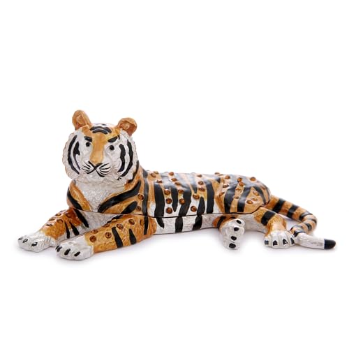 Hand Painted Trinket Box for Home Decor Accents, Enamel Hinged Jewelry Box for Bookshelf Office Table Desk Decoration, Classical Figurine Collectible Keepsake Animal Sculptures (Lying Tiger)