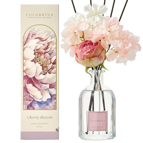 COCORRÍNA Fleur Diffuseur Parfum Maison 250ml avec 8 Diffuseur Bâtonnets, Cherry Blossom, Batonnets Diffuseur Parfum, Reed Diffuseur pour Salle de Bain...
