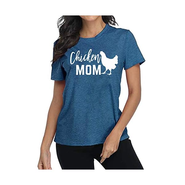 Chicken Mom T-Shirt Women Funny Hen Chiken Farm Humor Graphic Shirt Cute Short Sleeve Tops (Blue, Large)