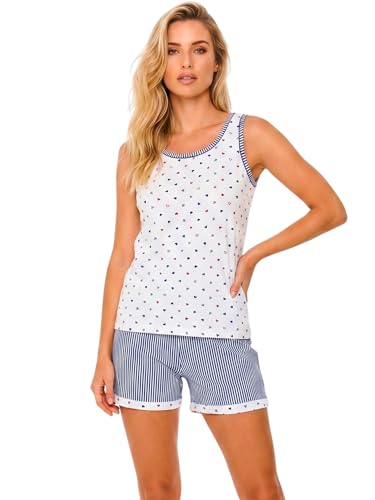 o-day Vanuè Completo 2 Pezzi Canotta e Pantaloncino Pigiama Corto Donna Cotone 100% -Pigiama Donna Estivo Leggero (IT, Testo, XXL, Regular, Regular, Cuori e Righe - Blu)
