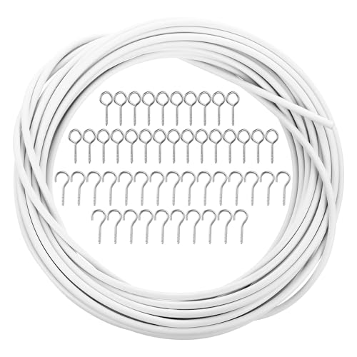 1 rouleau de fil et crochets pour tringles à rideaux, avec 25 boulons à œillet et 25 crochets à visser - 10 m - Blanc
