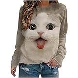 LEMONONSTORE Womens Crewneck Cute 3D Cats Sweatshirts Funny Novelty Graphic Tees Casual Animal Lover