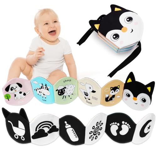 HOTUT Black & White Stoff-Buch,baby stoffbuch,Wahrnehmungs-Lernspielzeug, bilderbuch stoffbuch für baby spielzeug 0 monate-Fuchsstil