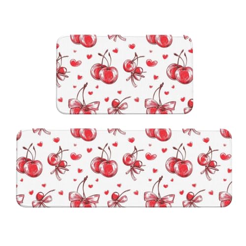 GVYGVY Antifatigue Kitchen Mats for Floor 2 Piece - Bow Cherry Print Kitchen Rugs Washable, Non Slip Runner Rug Standing Mat for Office/Bathroom/Laundry/Home Decor and Accessories
