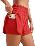 CRZ YOGA 2 in 1 High Waisted Running Shorts for Women 3' - Split Breathable for Athletic Tennis Gym Workout with Pockets Dark Red Medium