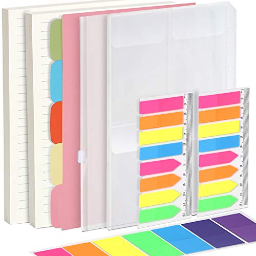 FANDAMEI A5 6-hole Refillable Notebook Accessories Set - 2 Pack Lined Paper + 5 Pcs A5 Dividers + 460 Pcs Note Flags Index Tabs + Zipper Pockets/ 3 Binder Pocket for A5 Refills Inserts Paper