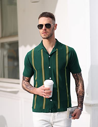 Men's Casual Short Sleeve Polo Sweater Vintage Striped Pullover Knitwear Green S #TOP1