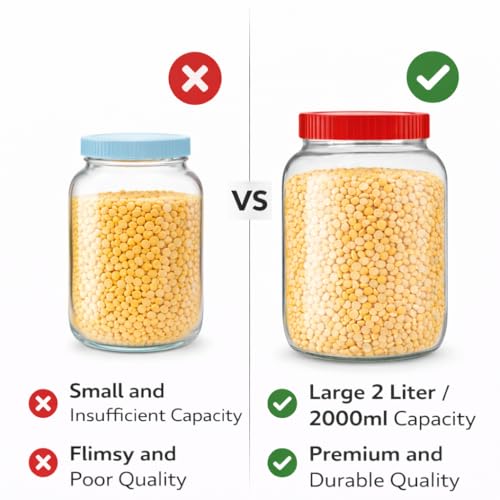 Image of 2000ml Glass Storage Jar Pack of 2 with Red Screw Lid | Airtight Round Glass Container for Kitchen Storage | Food Grade Pantry Jar for Rice, Dal, Flour, Sugar, Dry Fruits & Grocery
