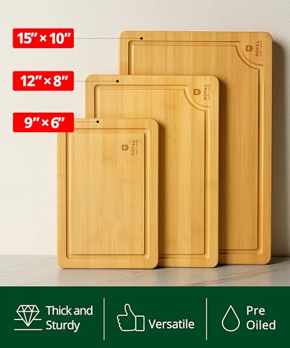 ROYAL CRAFT WOOD Premium Cutting Boards for Kitchen Meal Prep & Serving - Bamboo Wooden Serving Board Set with Deep Juice Groove Side Handles - Charcuterie & Chopping Butcher Block for Meat