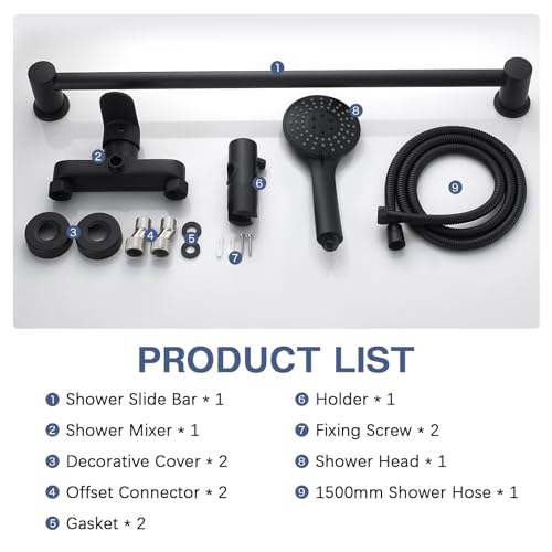 Mitigeur monocommande douche noir robinet mural barre réglable douchette 3 modes - 7