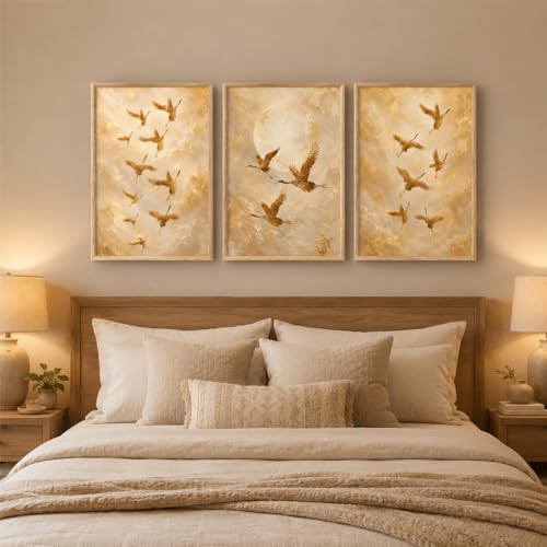 Image of Artify Set of 3 Golden Flying Birds Wall Painting for Living Room Bedroom Hall Office Decor, Premium Wooden Synthetic Frame Nature Artwork Gift