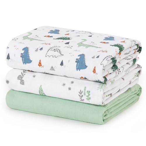 Image of david's kids 3 Pack Baby Muslin Swaddle Blankets, 100% Cotton and Ultra Soft Breathable Receiving Blanket Wrap for Boys Girls, New Born Essentials, Large 47 x 47 inches, Dinosaur