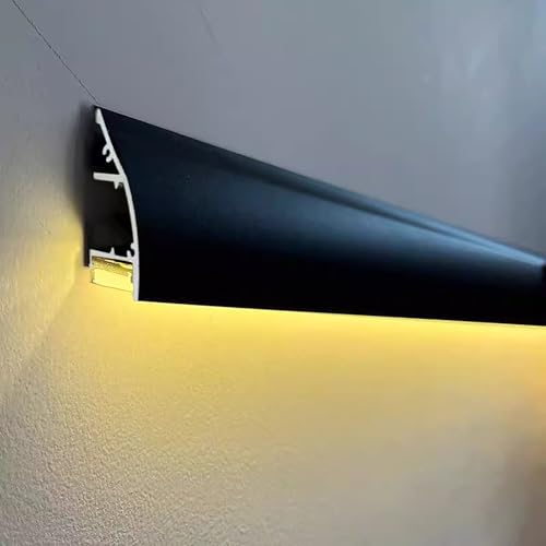 Moldura Iluminacion Perfil de Aluminio para Canal Led con Moldura de Corona Negra, Difusor de Iluminación Indirecta para Techo y Pared, Tira de Luz Led Embellecedora 1 1,2 1,5 2 3 10 20 M(12 m(39.3 ft