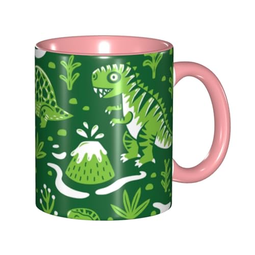 緑の恐竜のパターン マグカップ 旅マグ コーヒーカップ Pink セラミック 330ml 陶器 食器 耐熱 水筒 プレゼント
