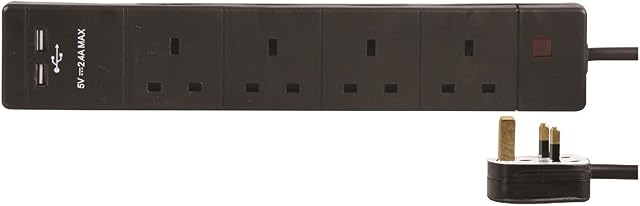 pro elec pl15389 1 m 4 Way 2 USB Extension Lead - Black
