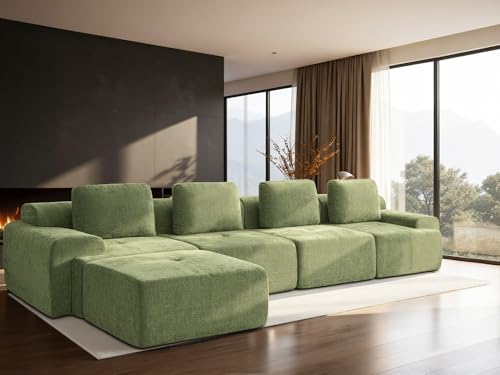 Image of 159 inch L-Shaped Modular Sectional Sofa, Oversized Boneless Cloud Couch for Living Room with Extra Deep Seat & High Back, Tool-Free No Assembly, Soft Chenille (Olive Green, 159 inch-L Shaped（4+1）)