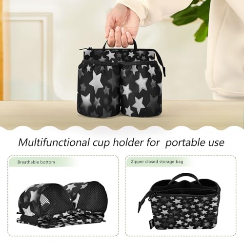 Image of Luggage Cup Holder for Suitcases Free Hands Suitcase Cup Holder Travel Luggage Drink Holder Portable Luggage Cup Caddy Bag Carrier with Handle Silver and Grey Stars