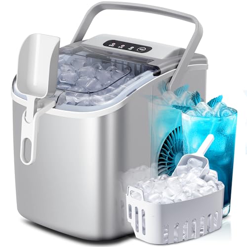 Crzoe Countertop Ice Maker Machine with Handle,26Lbs/24H,9 Cubes Ready in 6 Mins,Self-Cleaning Function with Ice Scoop and Basket for Home/Office(Grey) 26LBS/24H Gray 1