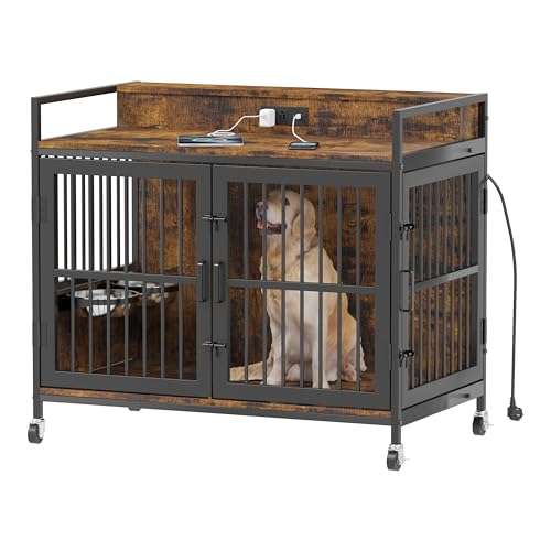 Piskyet Large Dog Crate Furniture,Heavy Duty Dog Crate Table with Charge Station and Storage&360°Rotatable Feeder and Stainless Steel Bowls,Indoor Double Door Kennel with Wheels,Rustic Brown 39.9