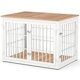 rehomerance 42 Inch Heavy Duty Dog Crate Furniture for Large and Medium Dogs, Decorative Pet House End Table, Wooden Cage Kennel Furniture Indoor, Natural and White