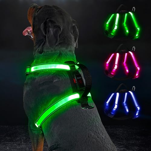 KOSKILL Light Up Dog Harness Rechargeable with Power Display, LED Dog Harness RGB 3 Light Modes & Reflective, Type-C Safety Vest for Small Medium Large Dogs for Night Walking, Camping