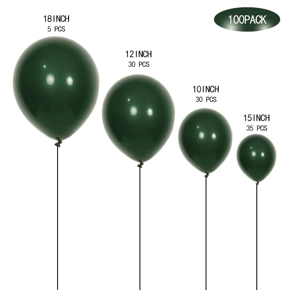 100pcs Dark Green Balloons Latex Party Balloons 18 inch +12 inch +10 inch +5 inch for Christmas Green Balloon Birthday Party Baby Shower Decoration
