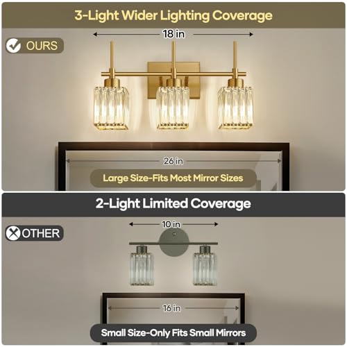 Image of Torondo Modern Crystal Bathroom Vanity Light 3-Light Brushed Gold Bathroom Light Fixtures Over Mirror Brushed Gold Vanity Lighting Fixtures Square Shade Brass Wall Sconce (Bulbs Not Include)