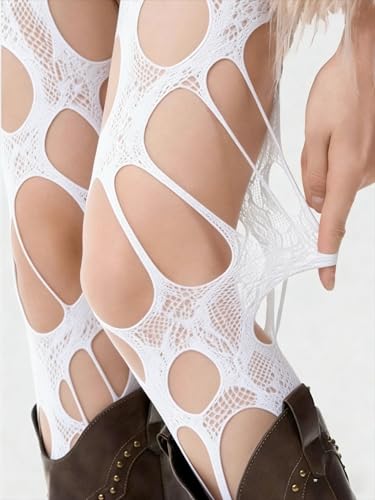 Image of Women's Ripped Fishnet Tights, Irregular Distressed Hole Mesh Stockings, Y2k Lace Sheer Pantyhose