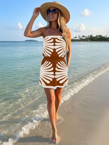 Image of SAUKOLE Summer Dresses for Women Bandeau Strapless Smocked Elastic Waist Sundress Tube Mini Dress with Pockets