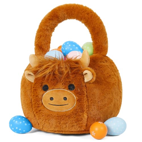 Easter Basket Plush for Kids, Highland Cow Easter Bucket Egg Hunt Bag Boys Girls Festivals Gift