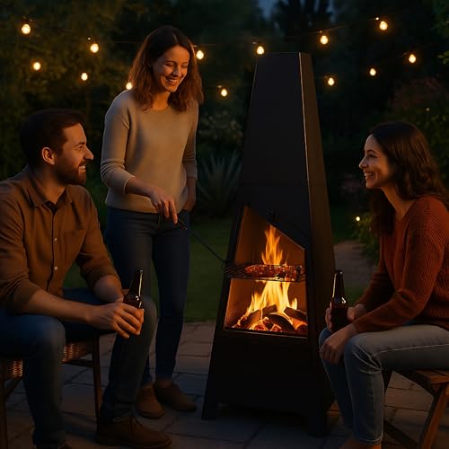 Relaxdays Gartenkamin mit Grillfunktion, HBT: 149x44,5x44,5 cm, Funkenschutz, Aschekasten & Schürhaken, Kamin, schwarz